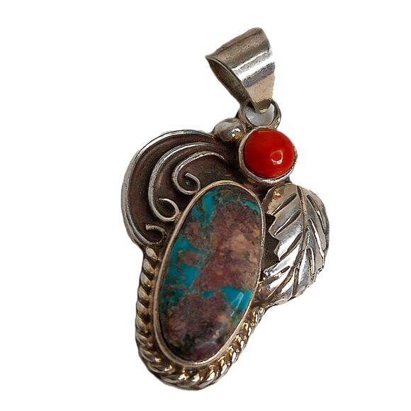 Vintage Richard Begay Sterling Silver Navajo Turquoise Coral Pendant READ - Picture 4 of 6